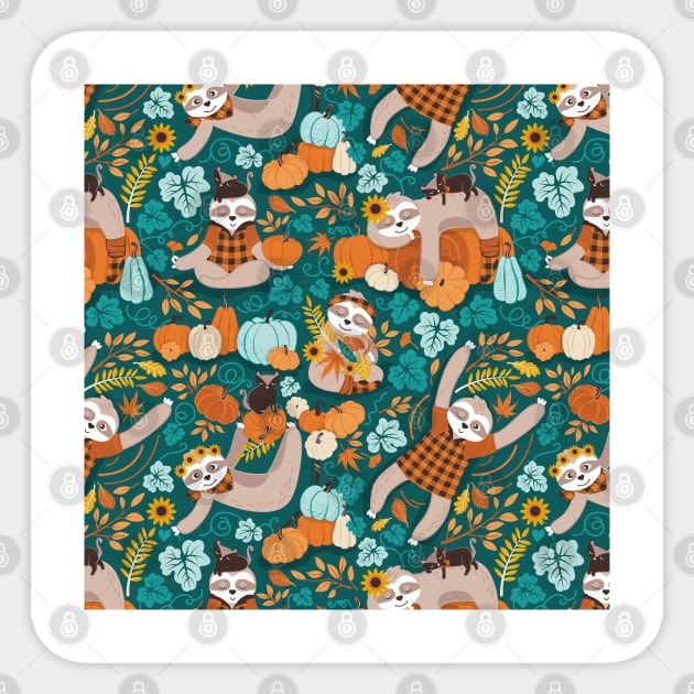 Sloths in pumpkin mood // pattern // green background orange teal and aqua autumnal pumpkins fall leaves shepherd’s check yellow sunflowers Sticker by SelmaCardoso